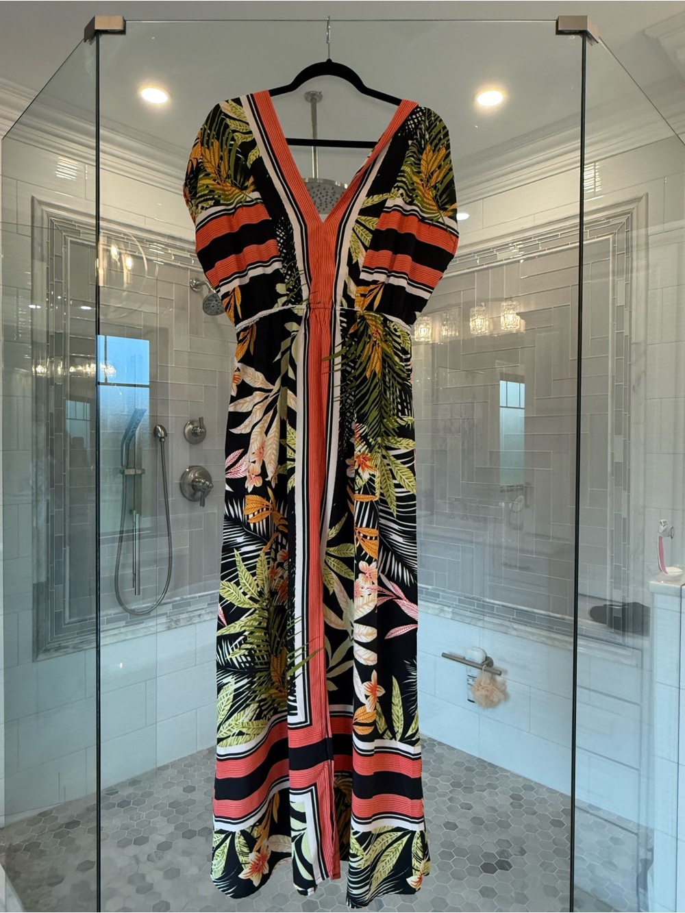 Pink Martini Black Maxi Dress with Orange Stripes and Tropical Print